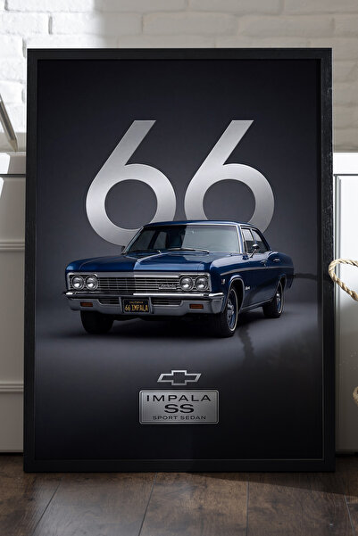 Duvarda Chevrolet İmpala 66 Siyah Ahşap Çerçeveli Poster, Dekoratif Araba Duv...