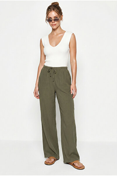 Bianco Lucci Women's Lace-Up Elastic Waist Muslin Wide-Leg Trousers Yp5502 60...