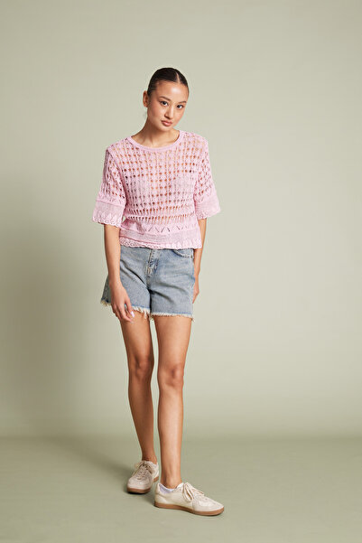 Nisan Lace-Detail Tricot Blouse Pink