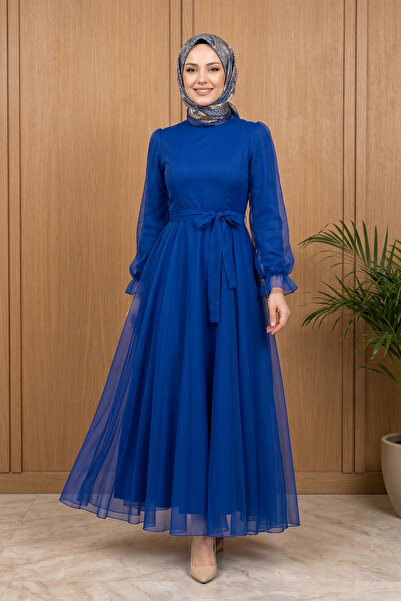FERHEL Women's Fluffy Tulle Lined Back Zipper Evening Dress - Saks Blue