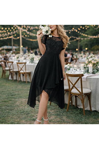 OEM Asymmetrical Elegant Dress with Lace Black