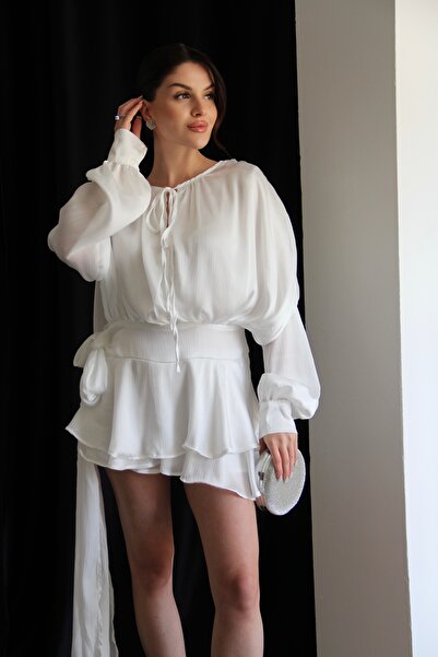 Julidress Shiny Fabric Shorts Detailed Flounce Design Premium Mini Dress