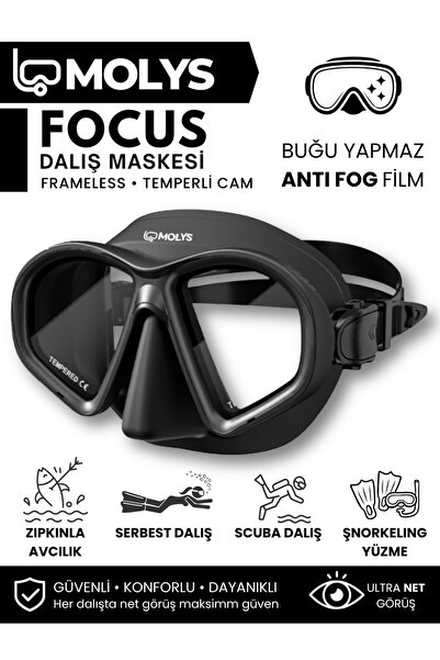 MOLYS FOCUS DALIŞ MASKESİ + ANTI FOG (BUĞU ÖNLEYİCİ FİLM) GECE SİYAHI