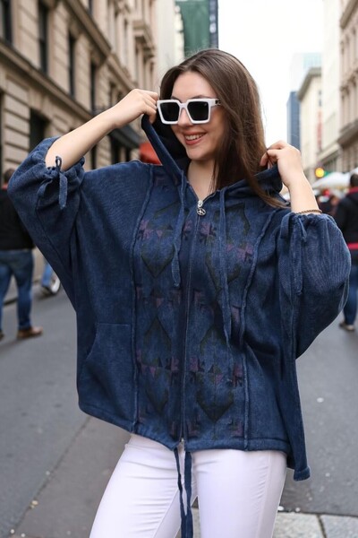 SHOPPEBUTİK Hooded Ethnic Patterned Vintage Loose Oversize Cotton Knitwear Ca...