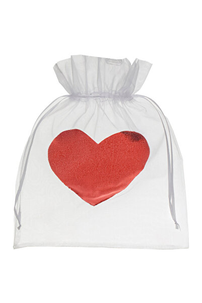 Zumzeria Pungă albă din organza cu inimă roșie din folie 21x26cm