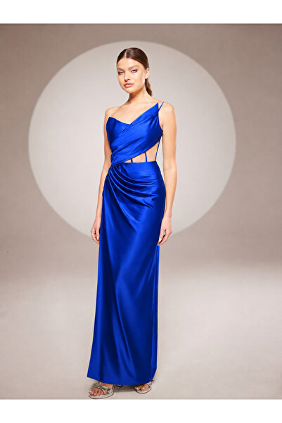 Maxra Govana Single Strap Asymmetrical Collar Satin Evening Dress with Low Cu...