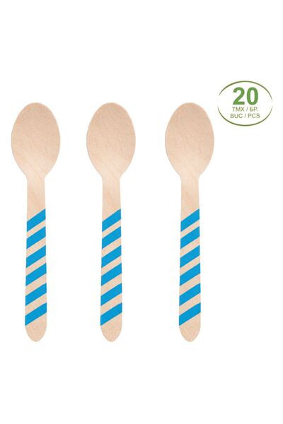 Zumzeria Wooden Party Spoons with Blue Stripes 16cm - 20pcs