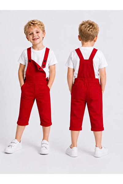 Burçak Butik Boy's Red Gabardine Salopet Overalls - Single Jersey T-Shirt Cap...