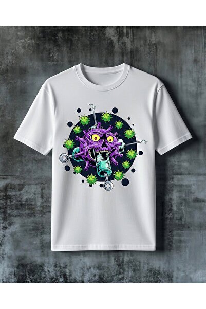 COMVİCHO Virus Injection Purple Skull Printed Oversize T-Shirt