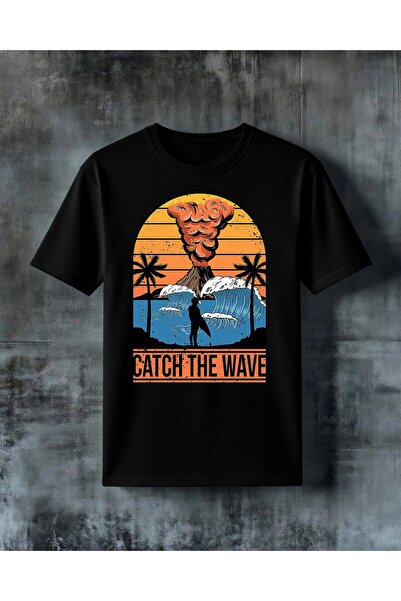 COMVİCHO تي شيرت مطبوع عليه catch the wave surfing بمقاس كبير