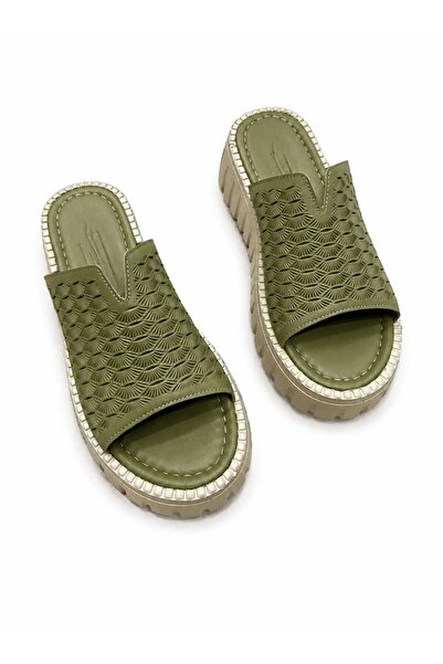 AYAKKABİSEPETİ Genuine Leather High-Sole Women's Slippers