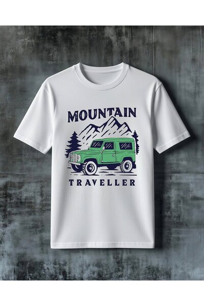 COMVİCHO تي شيرت مطبوع عليه mountain traveller yesil jeep مقاس كبير