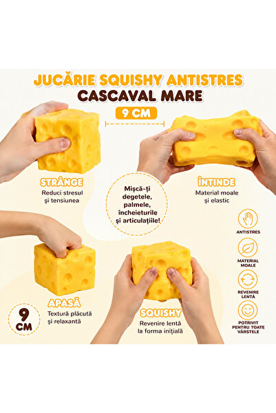 SHOP LIKE A PRO Jucărie Squishy Antistres Cascaval Mare 9 cm, Jucărie moale d...