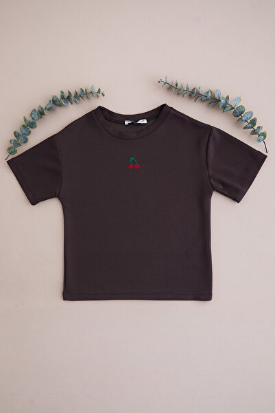 Fulla Moda Tricou pentru fete, modal, cu guler rotund, brodat cu cireșe