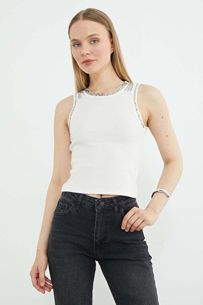 Fulla Moda Bluză slim fit cu guler rotund și detalii din piatră