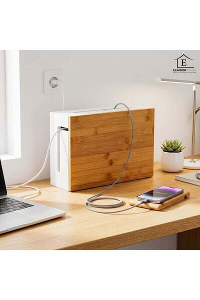 Elindor ®   Cutie pentru gestionarea cablurilor, din bambus cu capac magnetic...
