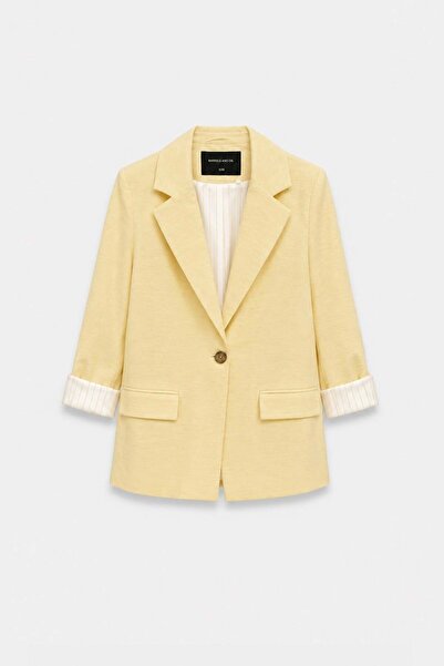 BARRELS AND OIL Women's Striped Buttoned Blazer Jacket - Yellow