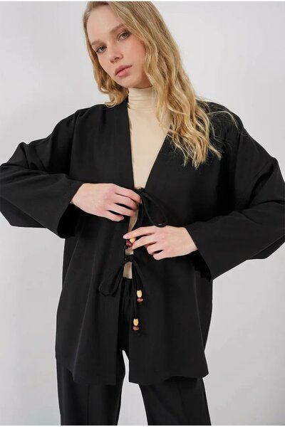 hazelin Women's Black Linen Kimono Pants Double Set with Tie Detail Hzl26S-Bd...