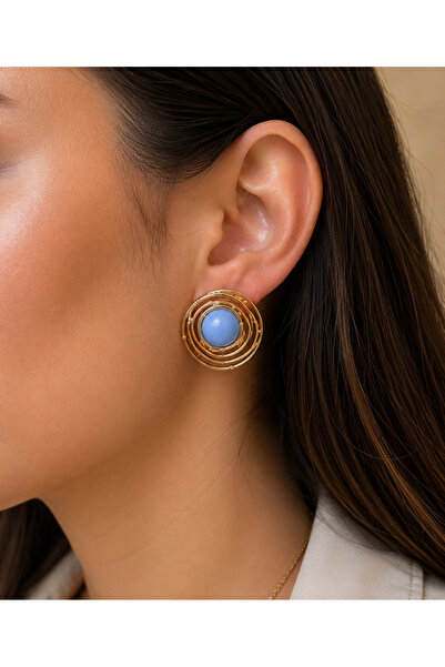 ANKA JEWELLRY Blue Cat's Eye Stone Detail Spiral Shape Gold Design Steel Wome...