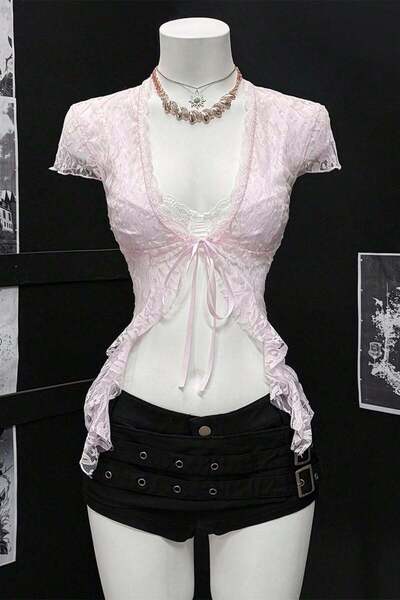 Karakedi Vintage Style Lace-Up Bolero Pink Blouse