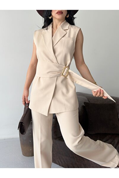 MYGİYİMİSTANBUL Kadın Blazer Yelek ve Pantalon Takım Beline bağlanmış geniş b...