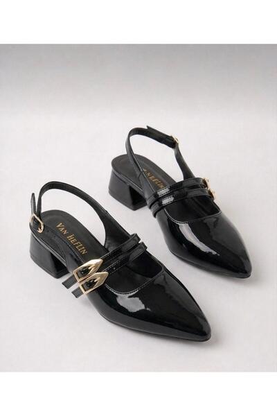 van heflin Arven Women's Black Patent Leather Double Buckle Medium Thick Heel...