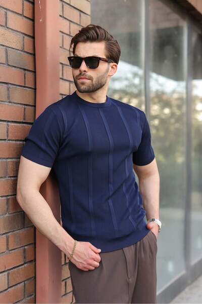 Madmext Navy Blue Regular Fit Crew Neck Ribbed Knitwear Men's T-Shirt E7490