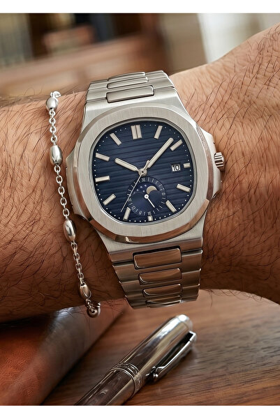 Duke Nickle Men's Silver Metal Cord Navy Blue Dial Wristwatch