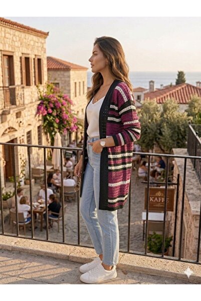 AKMAVİ Women's Striped Thin Knitwear Summer Cardigan