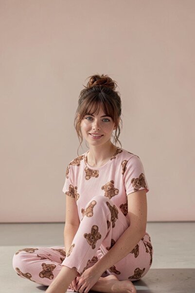 Sezka Life Kadın Bisiklet Yaka Fitilli Kumaş Ayıcık Baskılı Rahat Pijama Takımı