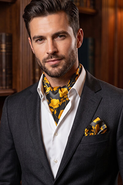 Exve Exclusive Gold Rose Printed on Black Soft Satin Woven Men's Accessory Se...
