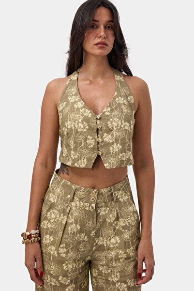 Noi Belis Crop Boy Floral Patterned Woven Vest with Large Accessory Detail Ss...