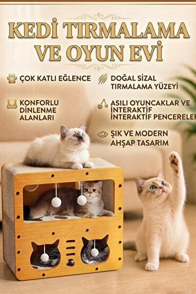 ego home 3 Girişli 2 Katlı Karton Tırmalamalı Ahşap Model Kedi Kafa Tırmalama...