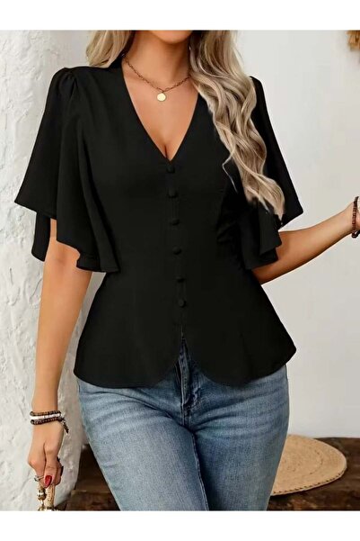 Aymood Women's Short Sleeve Button-Front Imported Crepe Blouse