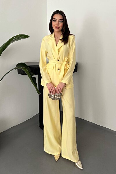 ozelia Yellow Belted Jacket and Trousers Set