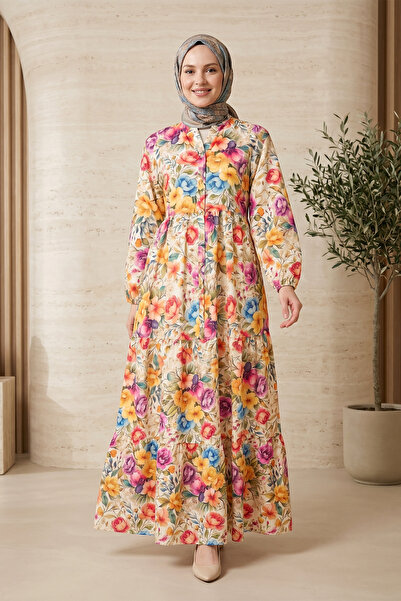 FERHEL Women's Floral Printed Half-Button Summer Dress - Orange