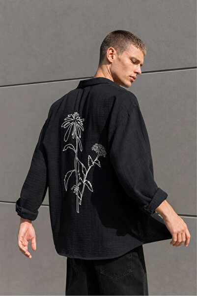 MADZEYMODA Men's Oversize Breathable 100% Cotton Embroidered Black Muslin Shi...