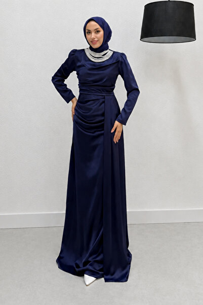 Abiye Diyarı Ravia Pearl Pendant Tail Satin Fabric Hijab Evening Dress