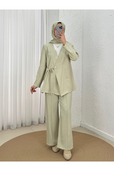 Holehola Lightning Side-Tie Gold Buttoned Trouser Suit-Gs2418 Oil Green