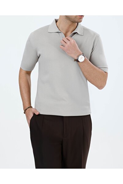 TerziAdemAltun Italian Style Slim Fit Polo Neck Knitwear T-Shirt Stone T13755