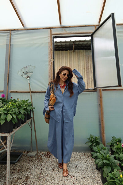 Özge Özgenç Παντελόνι από 100% λινό με ραφές και φαρδιά γραμμή