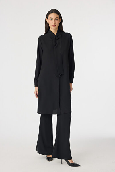 Zühre Pearl Detailed Shawl Collar Ecru Tunic Black Tunic 1672