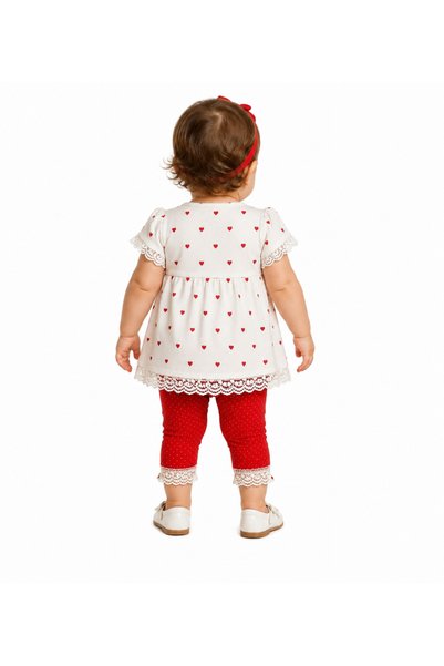 Melisa Ticaret Baby Girl Set Heart Bow Tunic Leggings Set Red White Lace Casual Stylish Baby Clothing