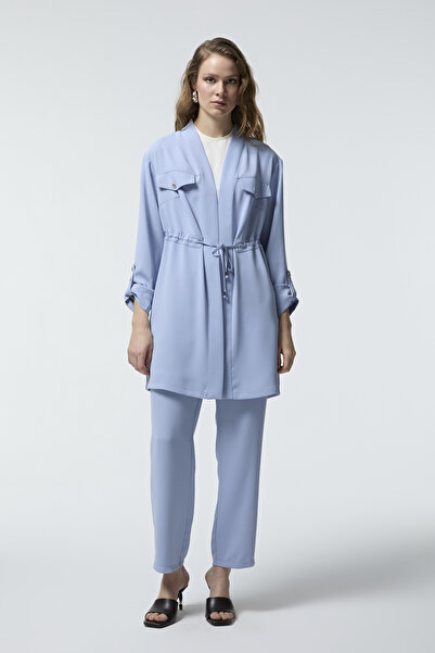 Zühre Belted Cover Pocketed Flowy Gray/Blue Suit 1212