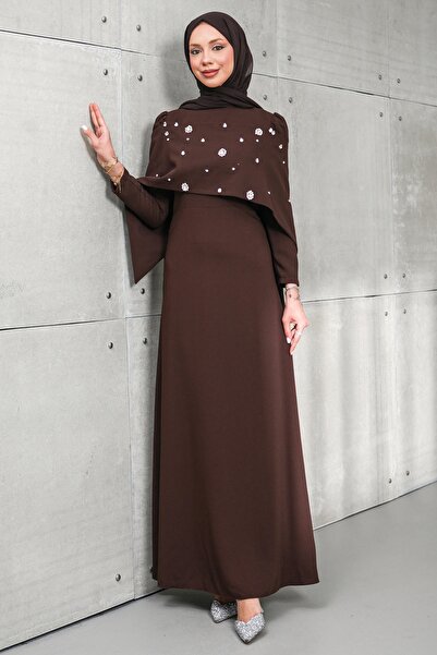 İmajButik Brown Front Cape Detailed Stoned Evening Dress