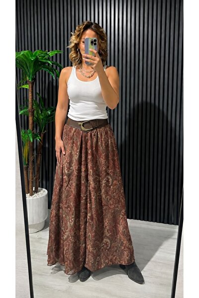 BEŞİR GİYİM Women's Midi Skirt with Belt, Shawl Pattern, Burgundy
