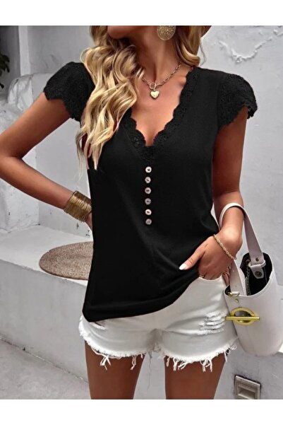 Modayakamoz Women's Short Sleeve V-Neck Lace Front Buttoned Viscose Blouse
