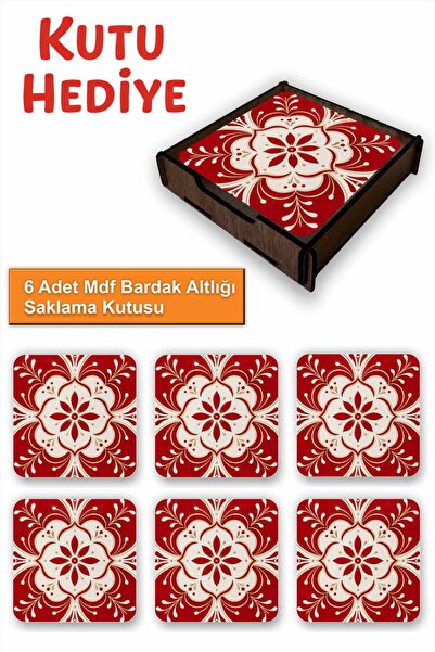 UNT Set of 6 Mdf Coasters with Wooden Box, Red Vintage Patterned Decorative C...