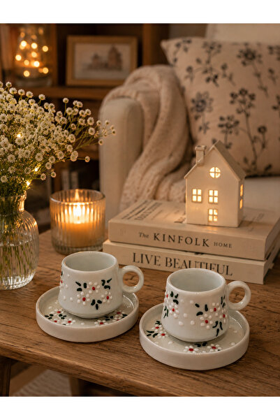 CEZVE HOME Daisy Patterned Ceramic Turkish Coffee Cup Set for 2 People
