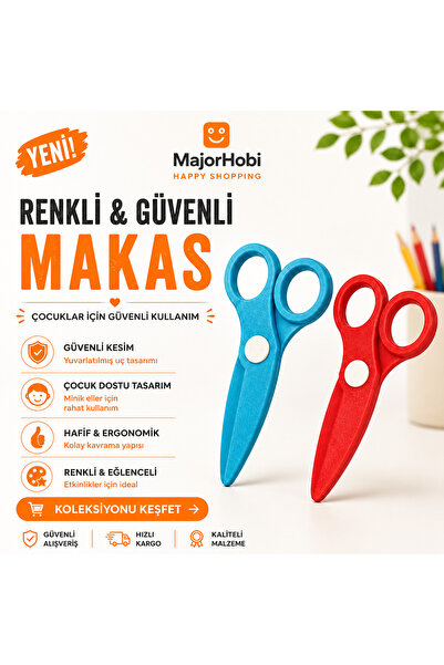 Major Hobi Çocuk Kağıt Makası 2’li Set – Güvenli Uçlu Renkli Makas - Kırmızı ...